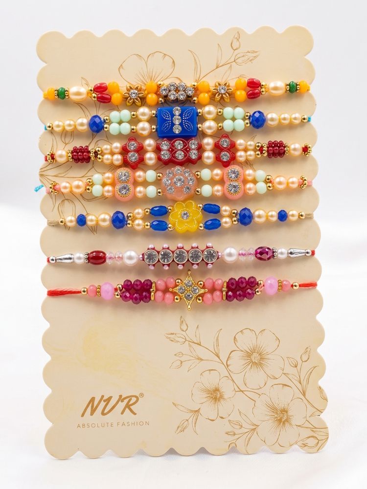 NVR Set of 7 Multicolor Designer Thread Rakhi with Roli Chawal Chandan Mishri | Grocsy