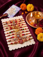 NVR Set of 10 Multicolor Designer Thread Rakhi with Roli Chawal Chandan Mishri | Grocsy