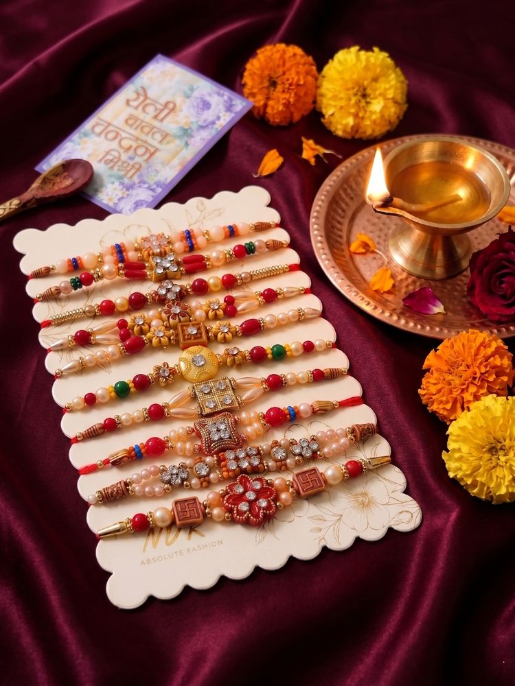 NVR Set of 10 Multicolor Designer Thread Rakhi with Roli Chawal Chandan Mishri | Grocsy