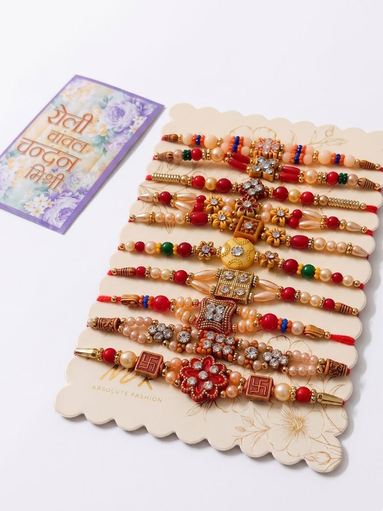 NVR Set of 10 Multicolor Designer Thread Rakhi with Roli Chawal Chandan Mishri | Grocsy