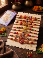 NVR Set of 10 Multicolor Designer Thread Rakhi with Roli Chawal Chandan Mishri | Grocsy