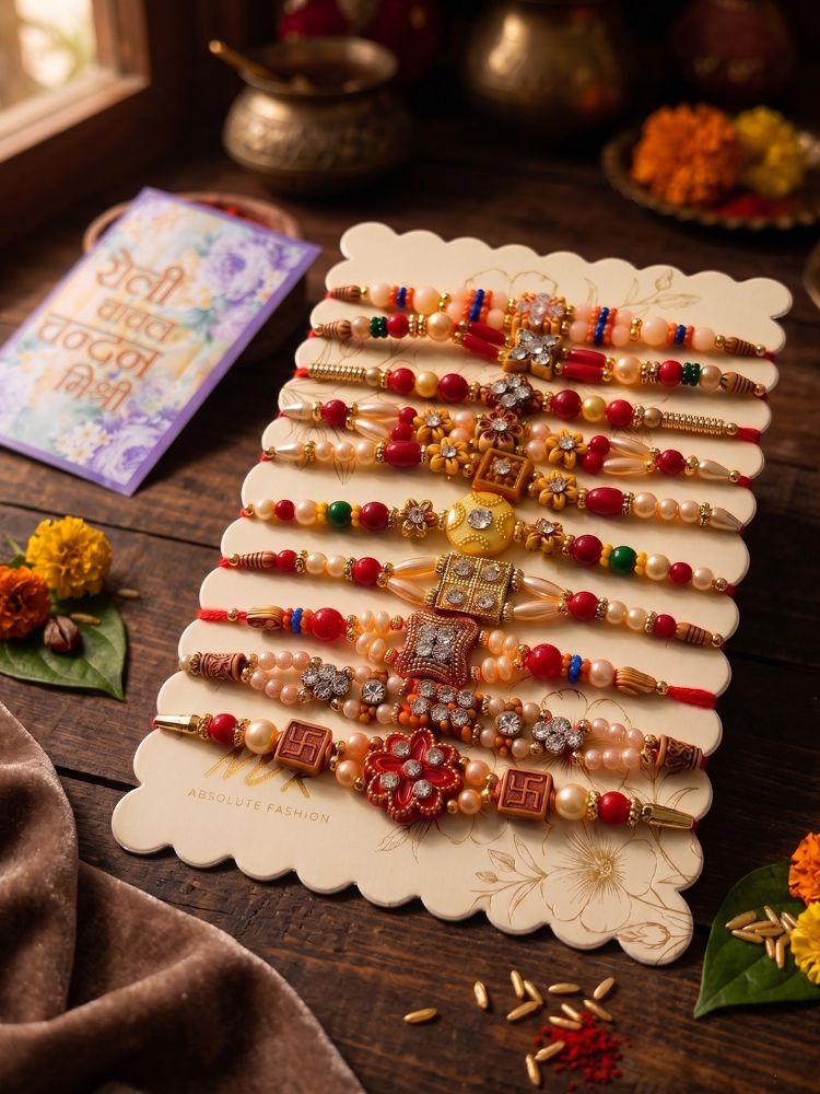 NVR Set of 10 Multicolor Designer Thread Rakhi with Roli Chawal Chandan Mishri | Grocsy