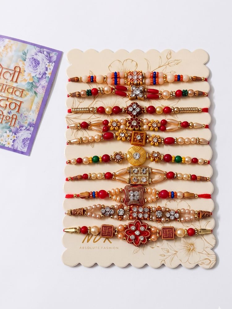 NVR Set of 10 Multicolor Designer Thread Rakhi with Roli Chawal Chandan Mishri | Grocsy