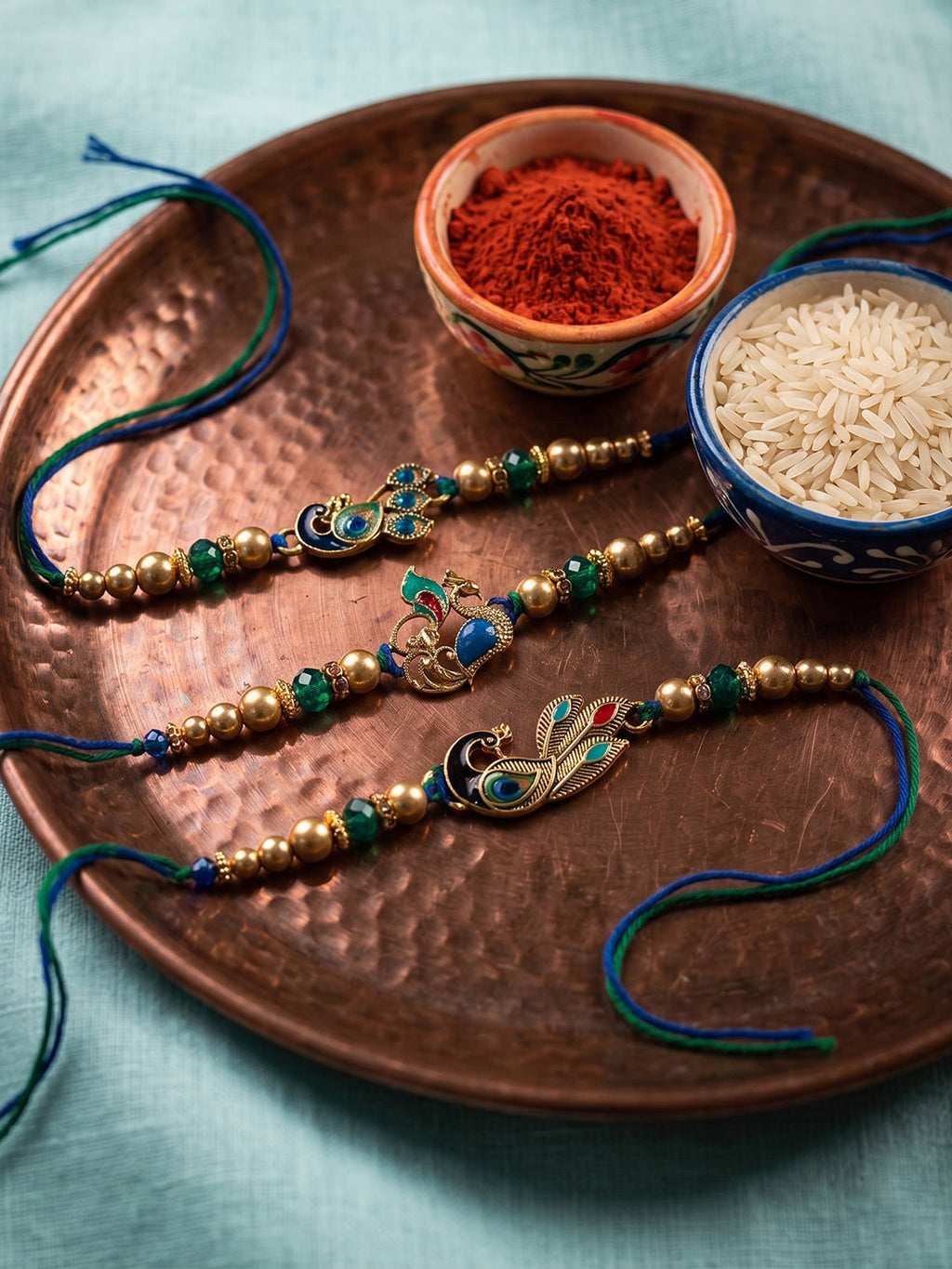 NVR Set of 3 Peacock Design Multicolor Artificial Beads Thread Rakhi With Roli Chawal | Grocsy