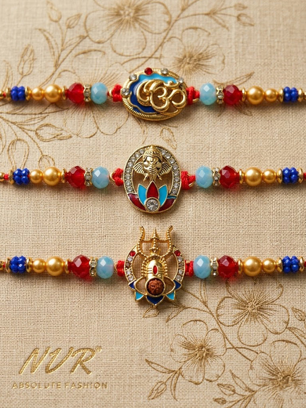 NVR Multicolor Set of 3 Artificial Stones Religious Thread Rakhi With Roli Chawal Chandan | Grocsy