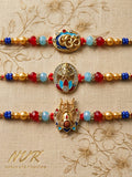 NVR Multicolor Set of 3 Artificial Stones Religious Thread Rakhi With Roli Chawal Chandan | Grocsy