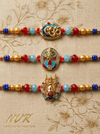 NVR Multicolor Set of 3 Artificial Stones Religious Thread Rakhi With Roli Chawal Chandan | Grocsy