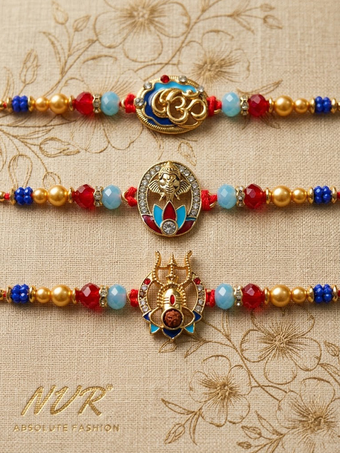 NVR Multicolor Set of 3 Artificial Stones Religious Thread Rakhi With Roli Chawal Chandan | Grocsy
