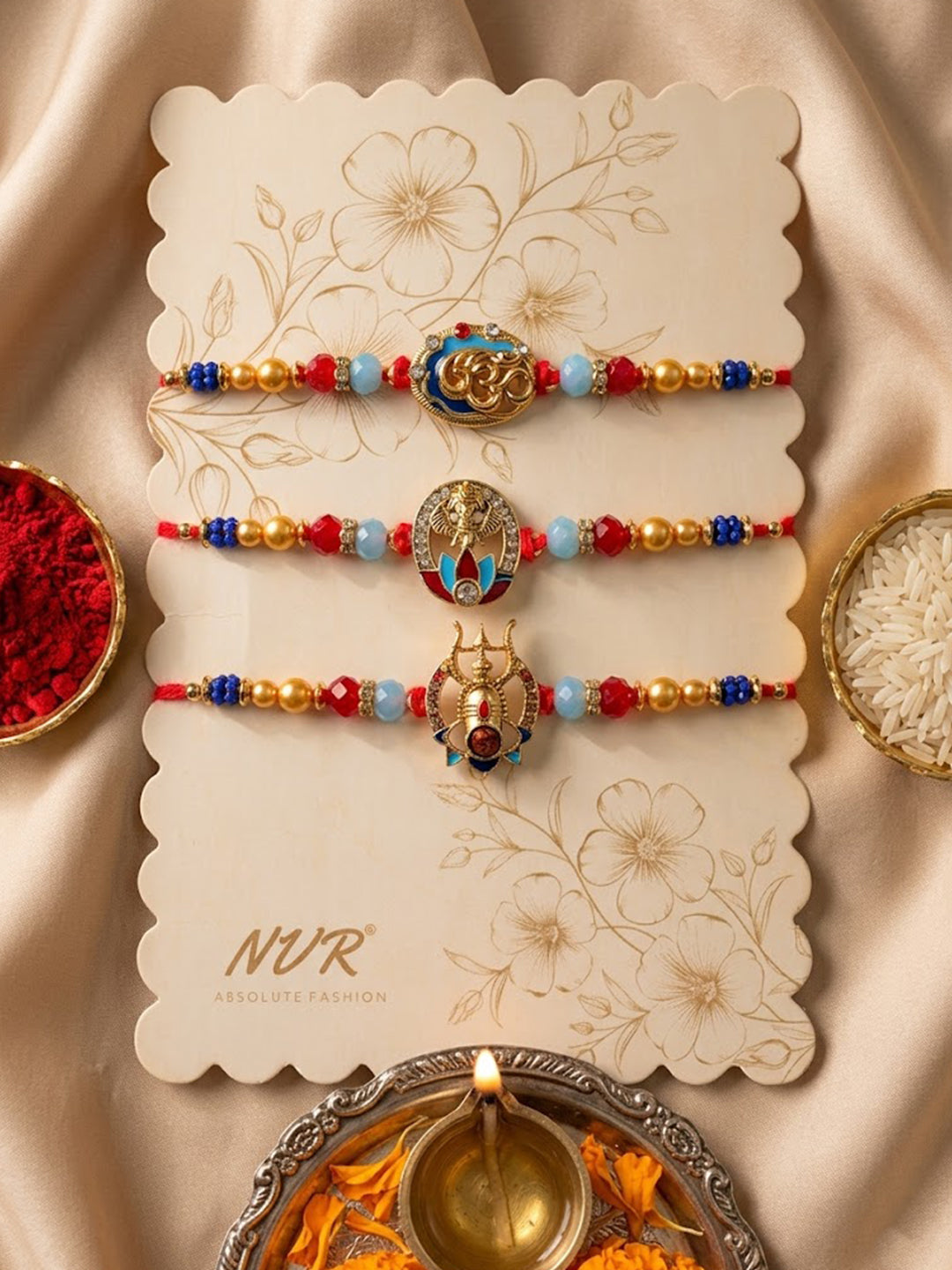 NVR Multicolor Set of 3 Artificial Stones Religious Thread Rakhi With Roli Chawal Chandan | Grocsy