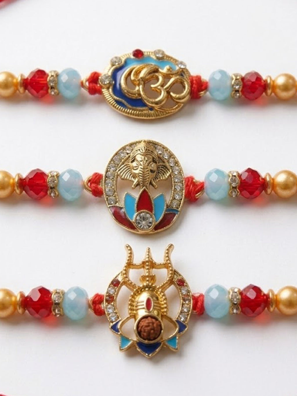 NVR Multicolor Set of 3 Artificial Stones Religious Thread Rakhi With Roli Chawal Chandan | Grocsy