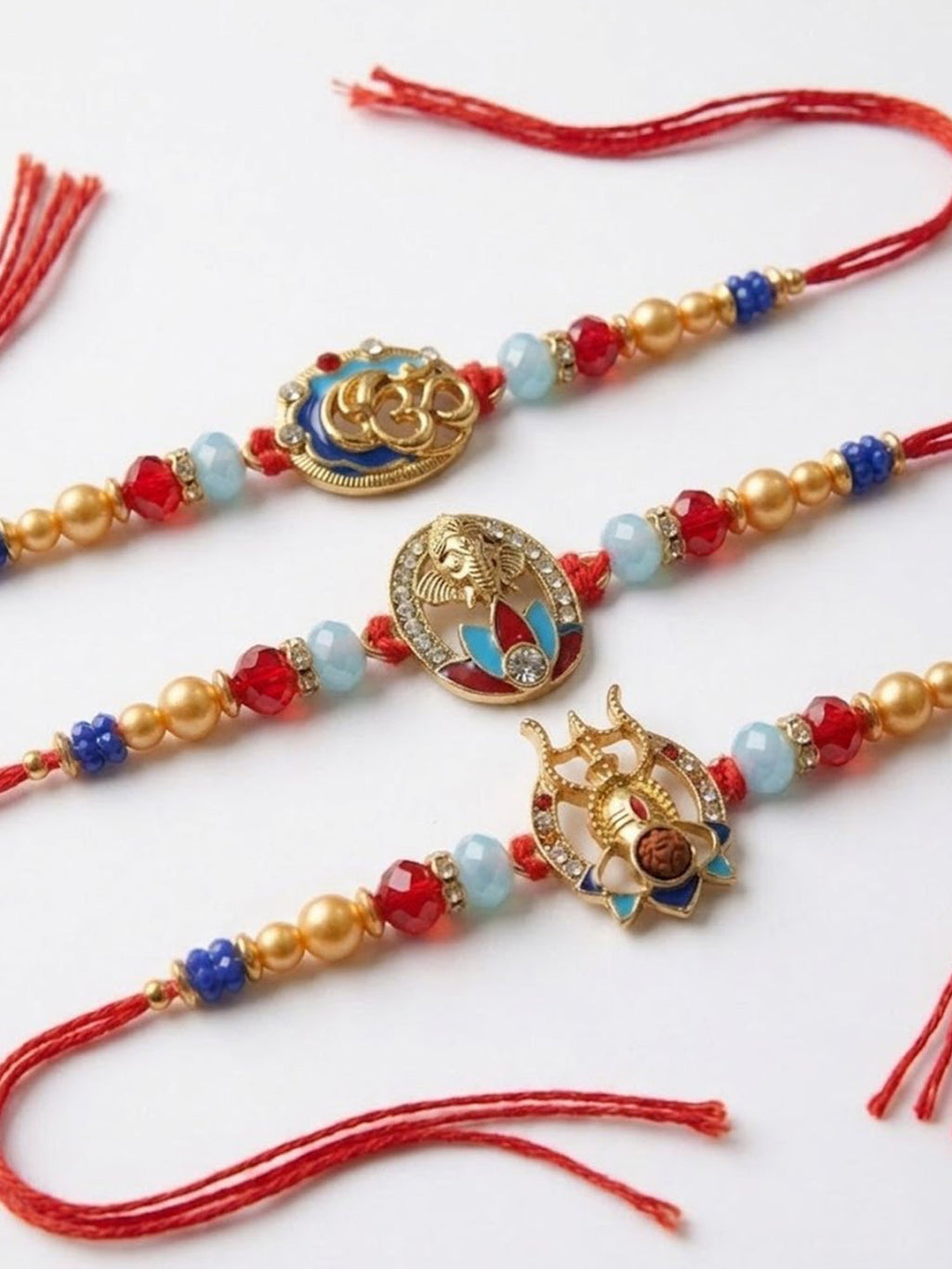 NVR Multicolor Set of 3 Artificial Stones Religious Thread Rakhi With Roli Chawal Chandan | Grocsy