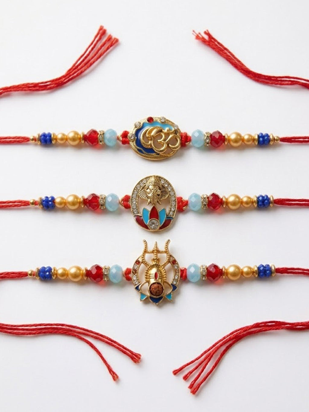 NVR Multicolor Set of 3 Artificial Stones Religious Thread Rakhi With Roli Chawal Chandan | Grocsy