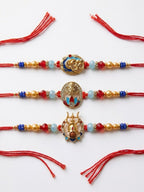 NVR Multicolor Set of 3 Artificial Stones Religious Thread Rakhi With Roli Chawal Chandan | Grocsy