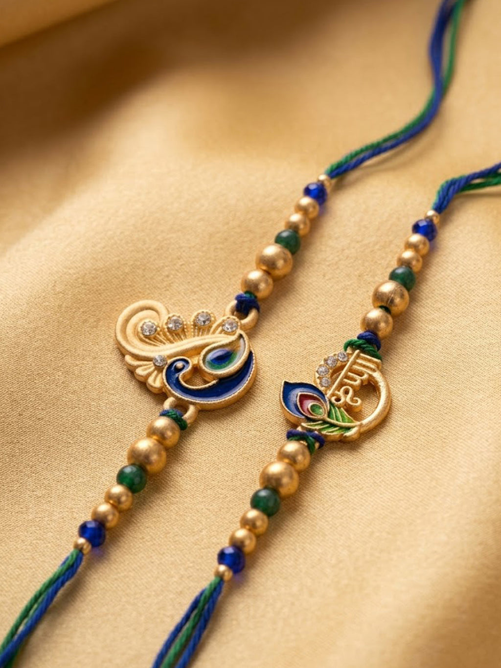 NVR Set of 2 Krishna & Peacock Design Artificial Beads Thread Rakhi With Roli Chawal | Grocsy
