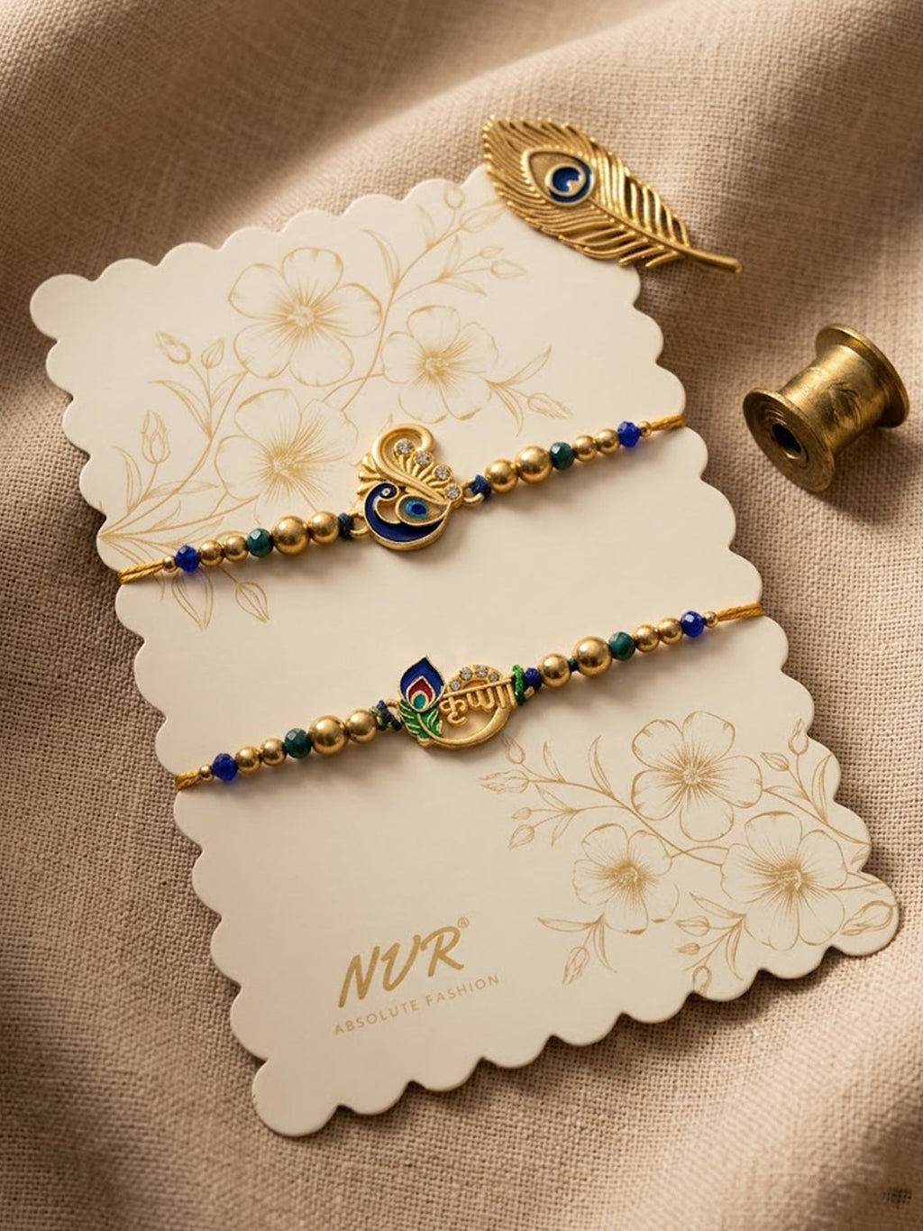 NVR Set of 2 Krishna & Peacock Design Artificial Beads Thread Rakhi With Roli Chawal | Grocsy