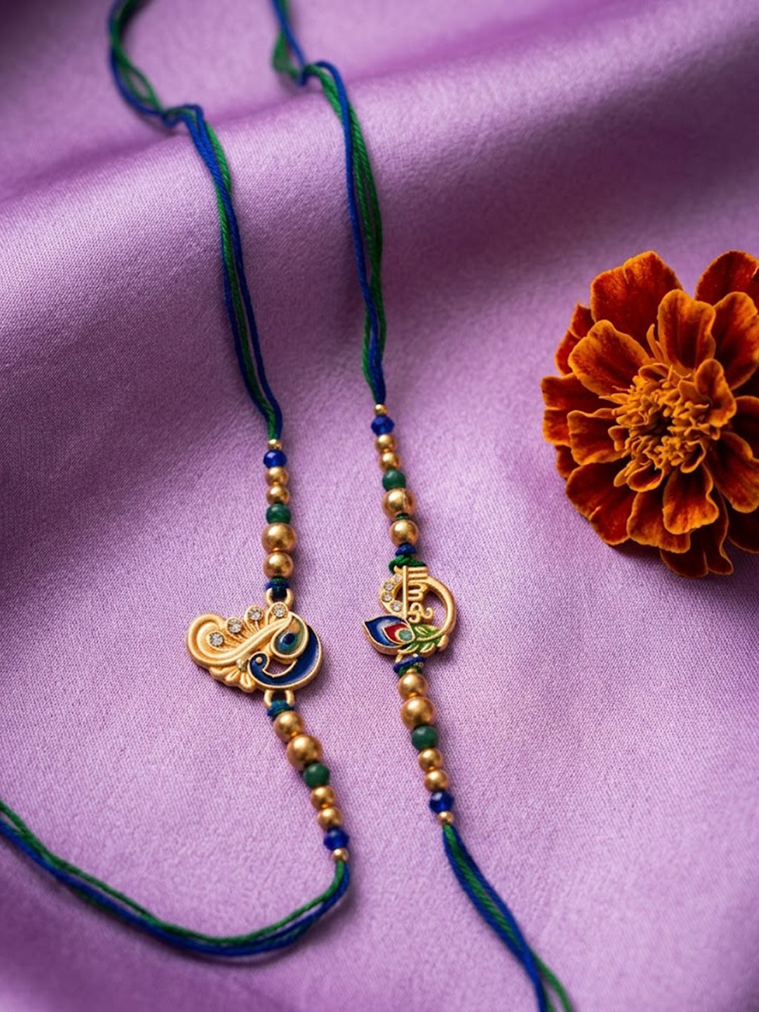 NVR Set of 2 Krishna & Peacock Design Artificial Beads Thread Rakhi With Roli Chawal | Grocsy