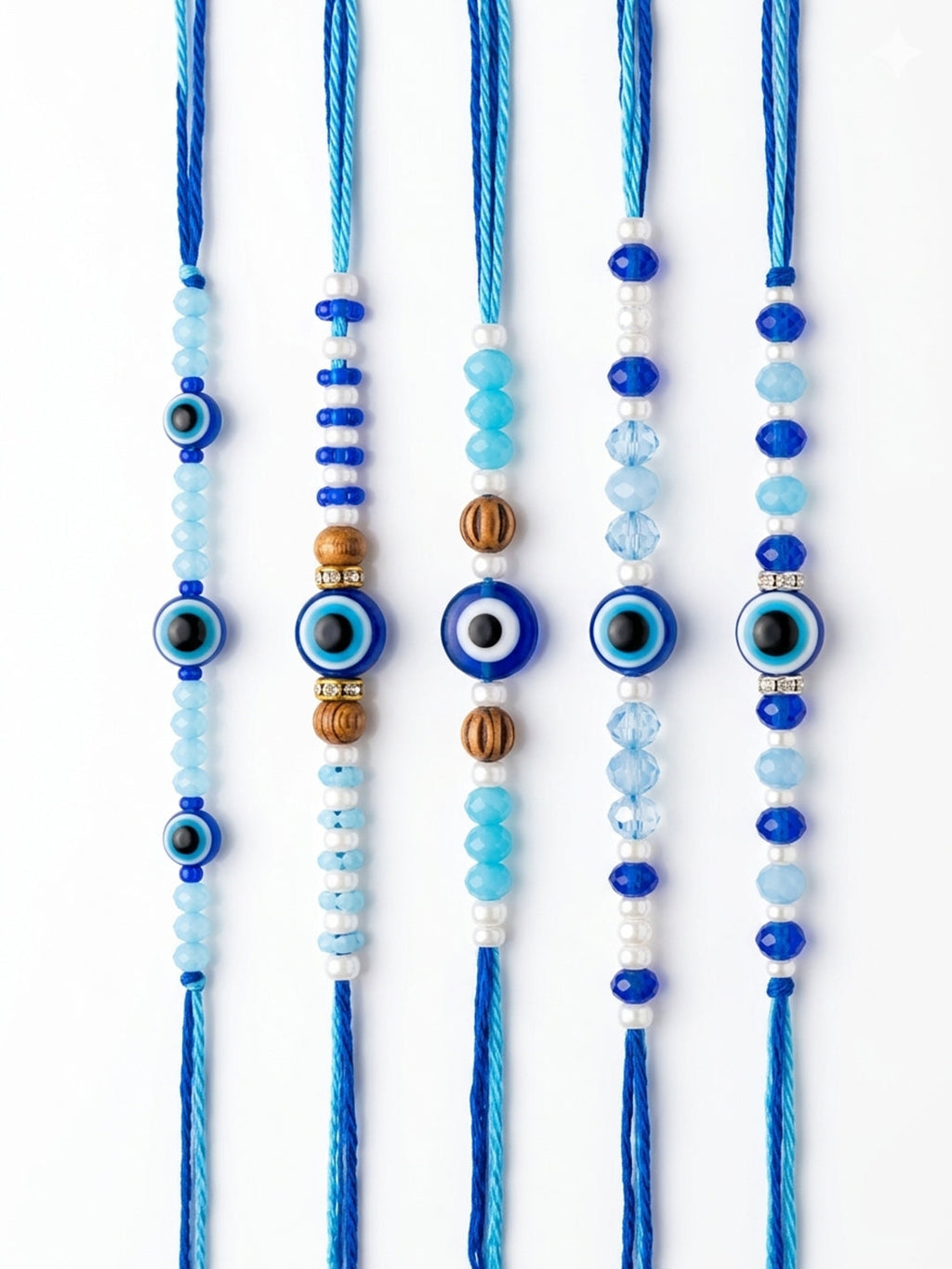 NVR Set of 5 Blue Evil Eye Thread Rakhi with Roli Chawal Chandan Mishri | Grocsy
