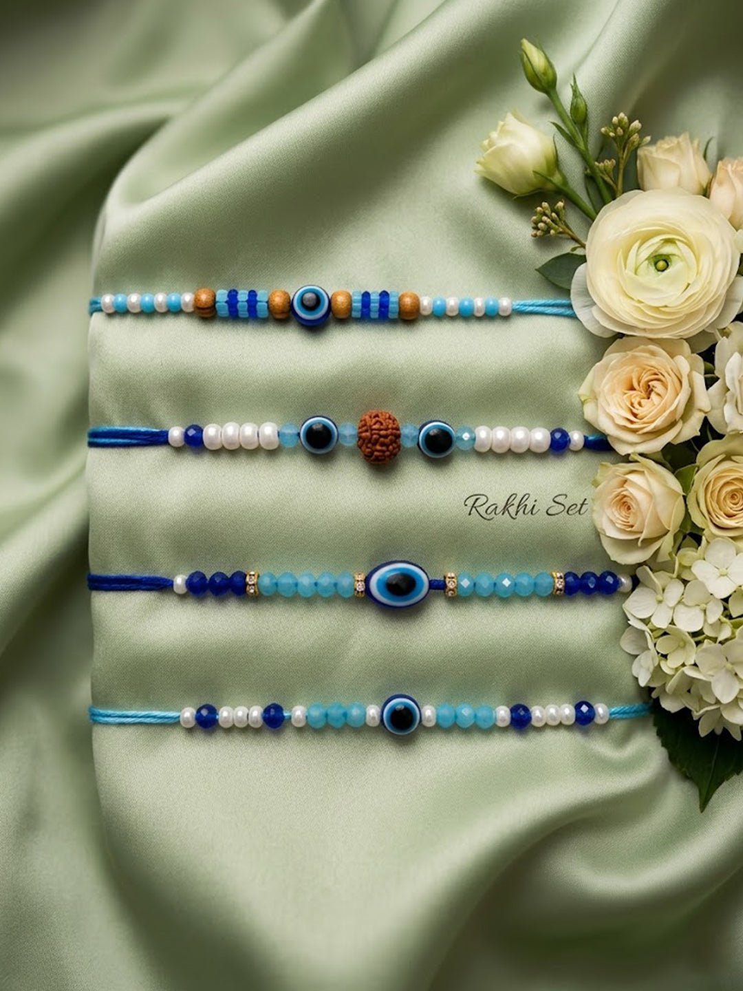NVR Set of 4 Blue Evil Eye Thread Rakhi with Roli Chawal Chandan Mishri | Grocsy