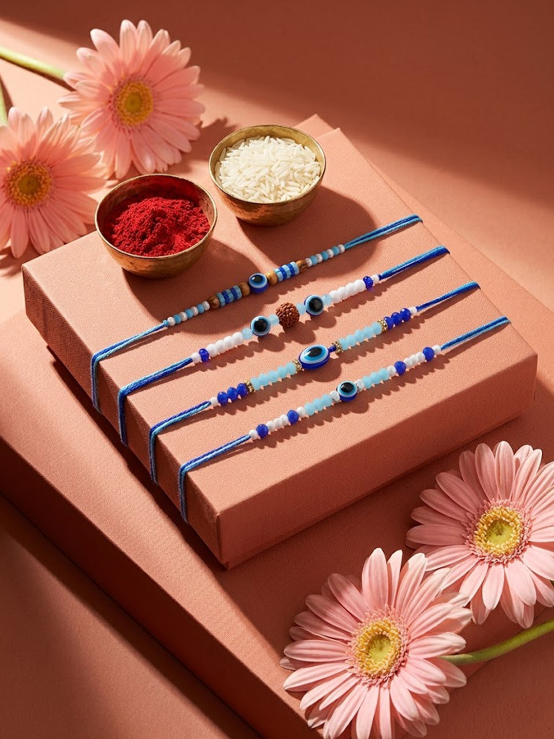 NVR Set of 4 Blue Evil Eye Thread Rakhi with Roli Chawal Chandan Mishri | Grocsy