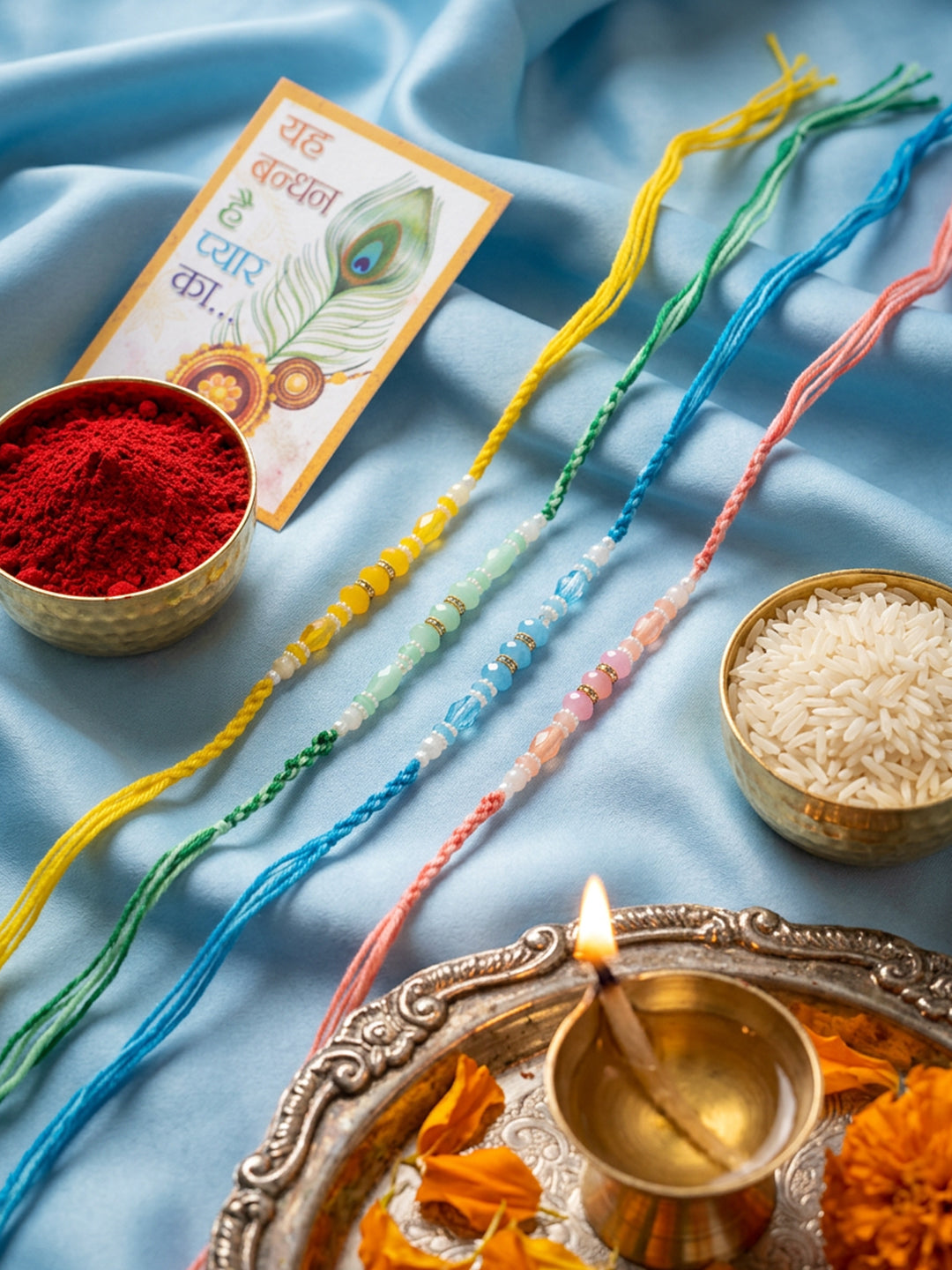NVR Set of 4 Multicolor Artificial Beads Thread Rakhi with Roli Chawal Chandan Mishri | Grocsy