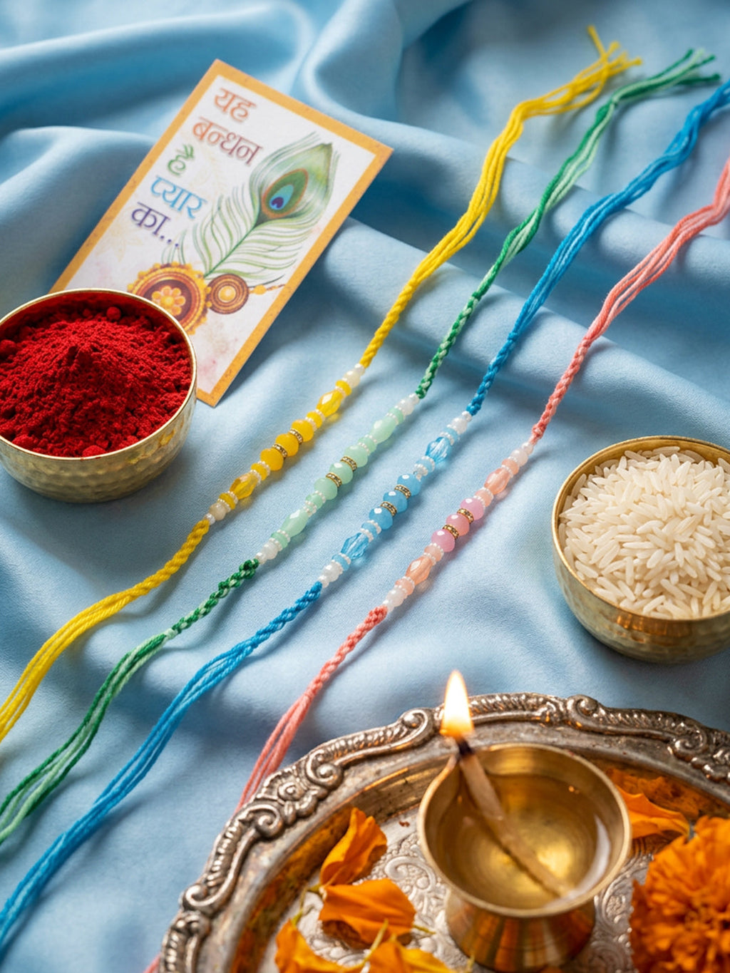 NVR Set of 4 Multicolor Artificial Beads Thread Rakhi with Roli Chawal Chandan Mishri | Grocsy