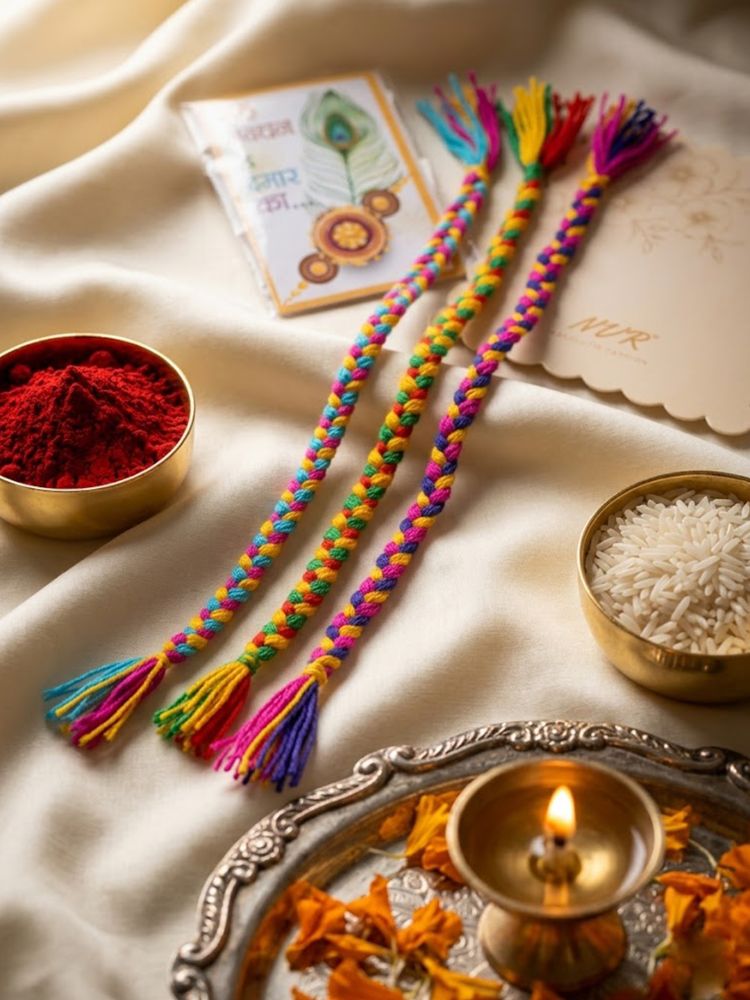 NVR Set of 3 Multicolor Thread Rakhi with Roli Chawal Chandan Mishri | Grocsy