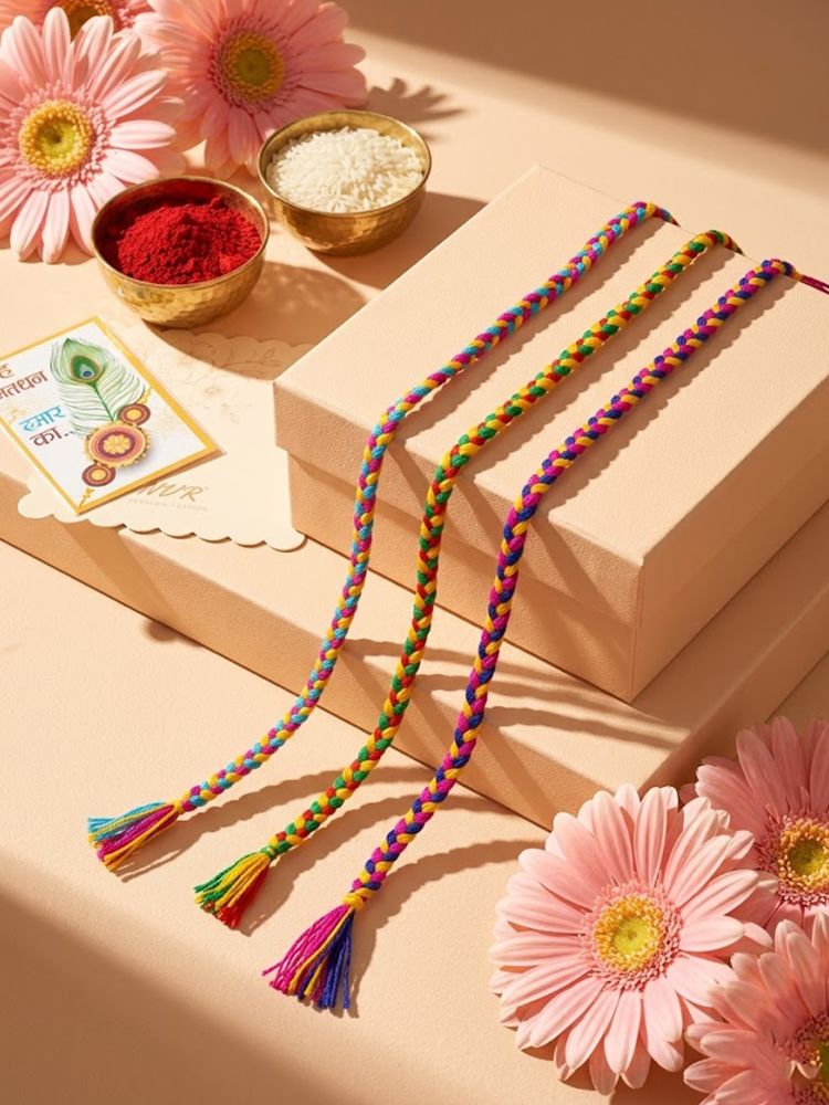NVR Set of 3 Multicolor Thread Rakhi with Roli Chawal Chandan Mishri | Grocsy
