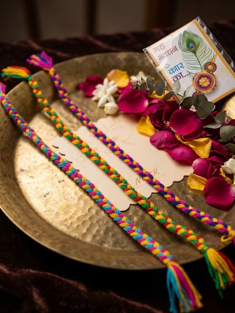 NVR Set of 3 Multicolor Thread Rakhi with Roli Chawal Chandan Mishri | Grocsy