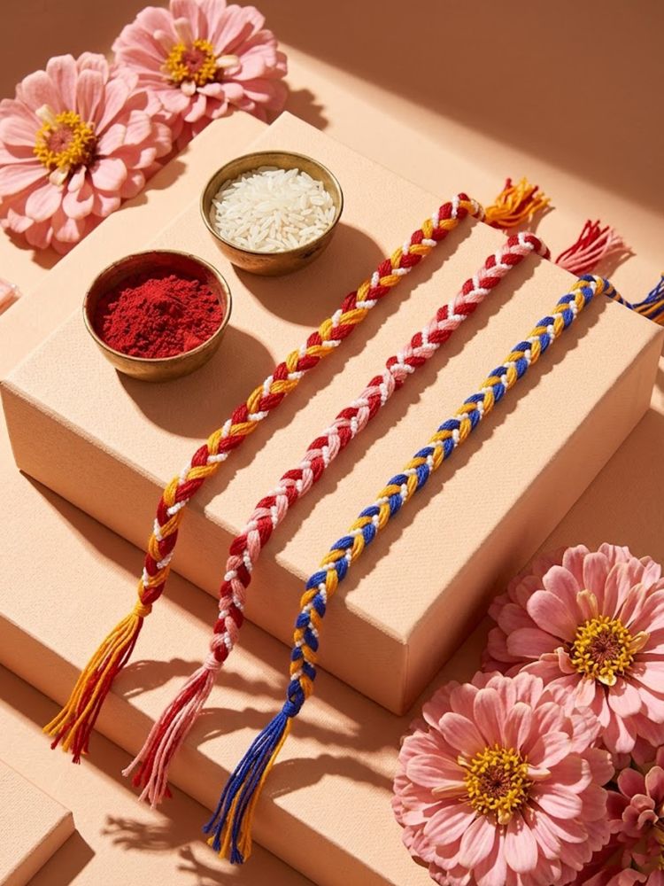 NVR Set of 3 Multicolor Thread Rakhi with Roli Chawal Chandan Mishri | Grocsy