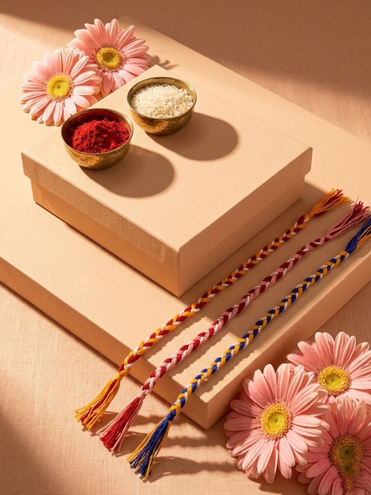 NVR Set of 3 Multicolor Thread Rakhi with Roli Chawal Chandan Mishri | Grocsy