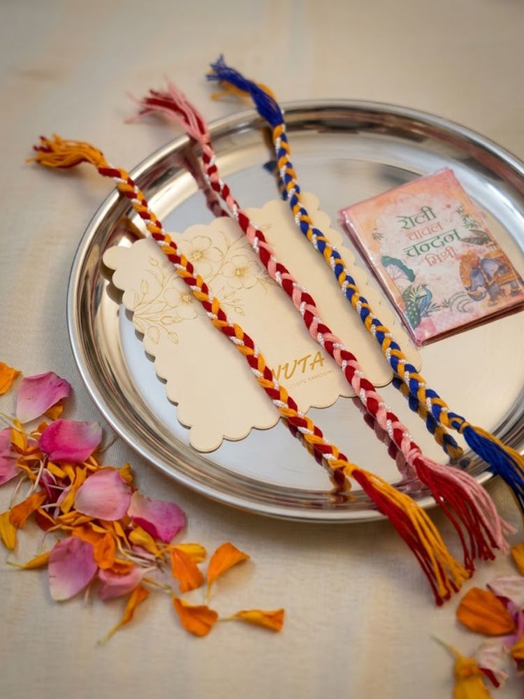 NVR Set of 3 Multicolor Thread Rakhi with Roli Chawal Chandan Mishri | Grocsy