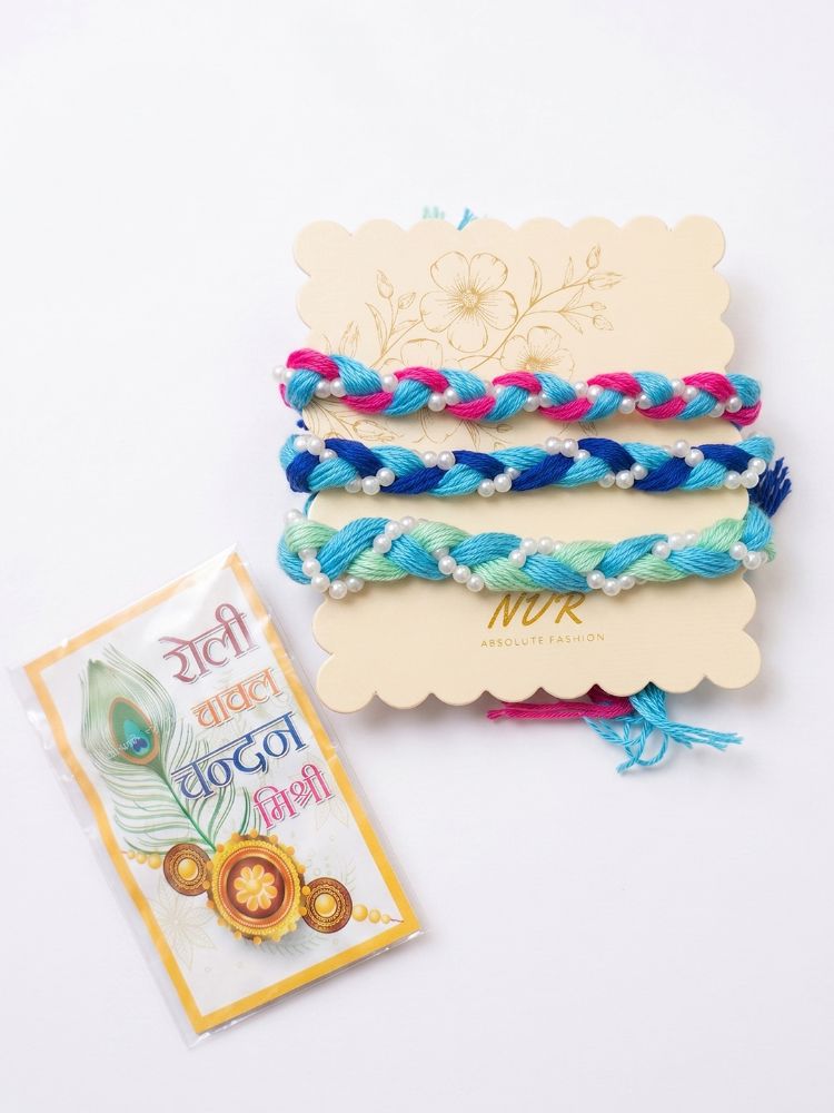 NVR Set of 3 Multicolor Thread Rakhi with Roli Chawal Chandan Mishri | Grocsy