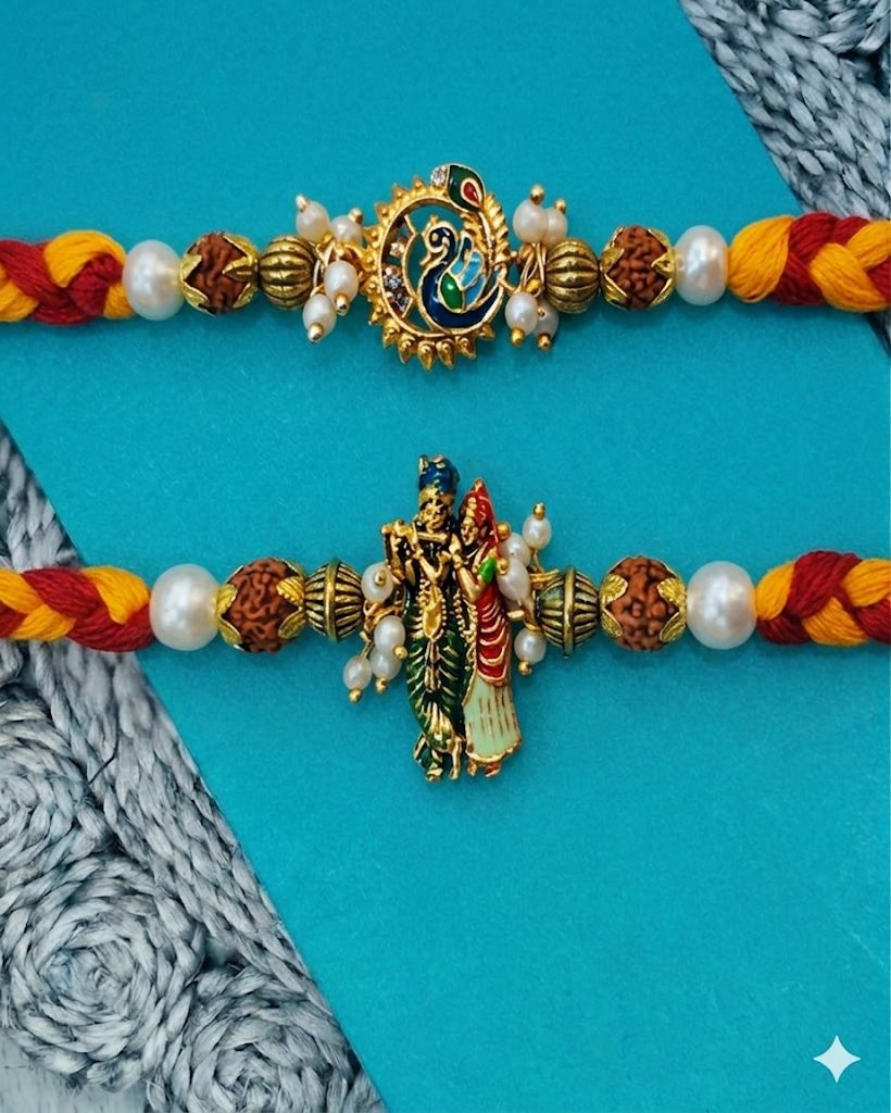NVR Set of 2 Religious Thread Pearls Rakhi with Roli Chawal Chandan Mishri | Grocsy