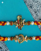 NVR Set of 2 Religious Thread Pearls Rakhi with Roli Chawal Chandan Mishri | Grocsy
