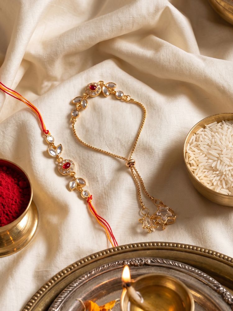 NVR Set of 2 Kundan Studded Gold Toned Bhaiya Bhabhi Rakhi with Roli Chawal Chandan Mishri | Grocsy