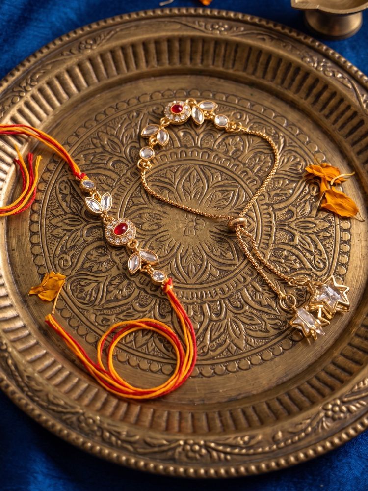 NVR Set of 2 Kundan Studded Gold Toned Bhaiya Bhabhi Rakhi with Roli Chawal Chandan Mishri | Grocsy