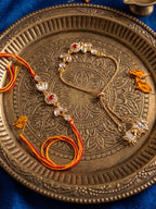NVR Set of 2 Kundan Studded Gold Toned Bhaiya Bhabhi Rakhi with Roli Chawal Chandan Mishri | Grocsy