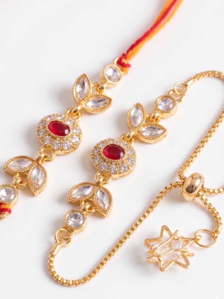 NVR Set of 2 Kundan Studded Gold Toned Bhaiya Bhabhi Rakhi with Roli Chawal Chandan Mishri | Grocsy