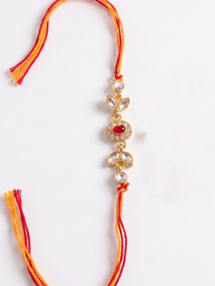 NVR Set of 2 Kundan Studded Gold Toned Bhaiya Bhabhi Rakhi with Roli Chawal Chandan Mishri | Grocsy
