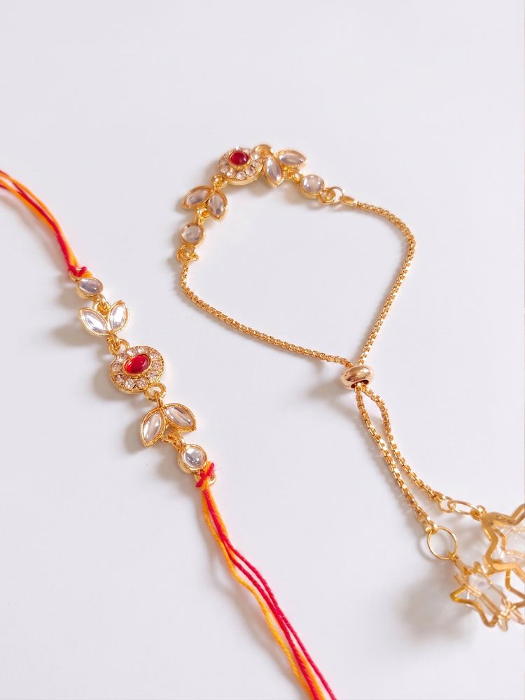 NVR Set of 2 Kundan Studded Gold Toned Bhaiya Bhabhi Rakhi with Roli Chawal Chandan Mishri | Grocsy