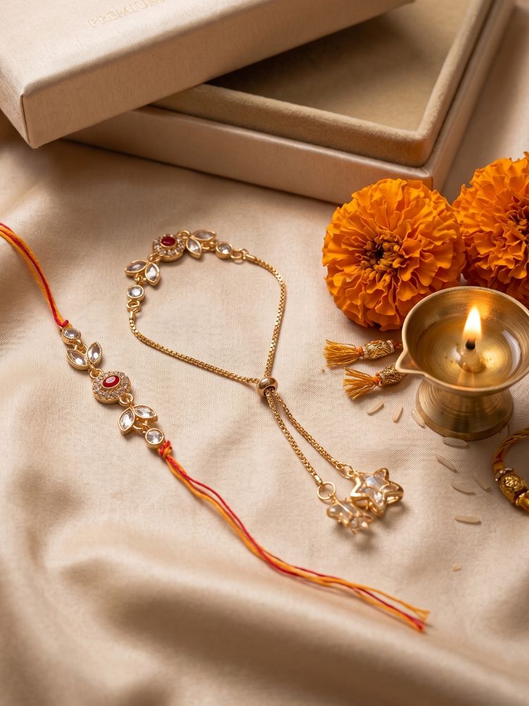 NVR Set of 2 Kundan Studded Gold Toned Bhaiya Bhabhi Rakhi with Roli Chawal Chandan Mishri | Grocsy
