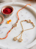 NVR Set of 2 Gold Toned Kundan Studded Bhaiya Bhabhi Rakhi with Roli Chawal Chandan Mishri | Grocsy