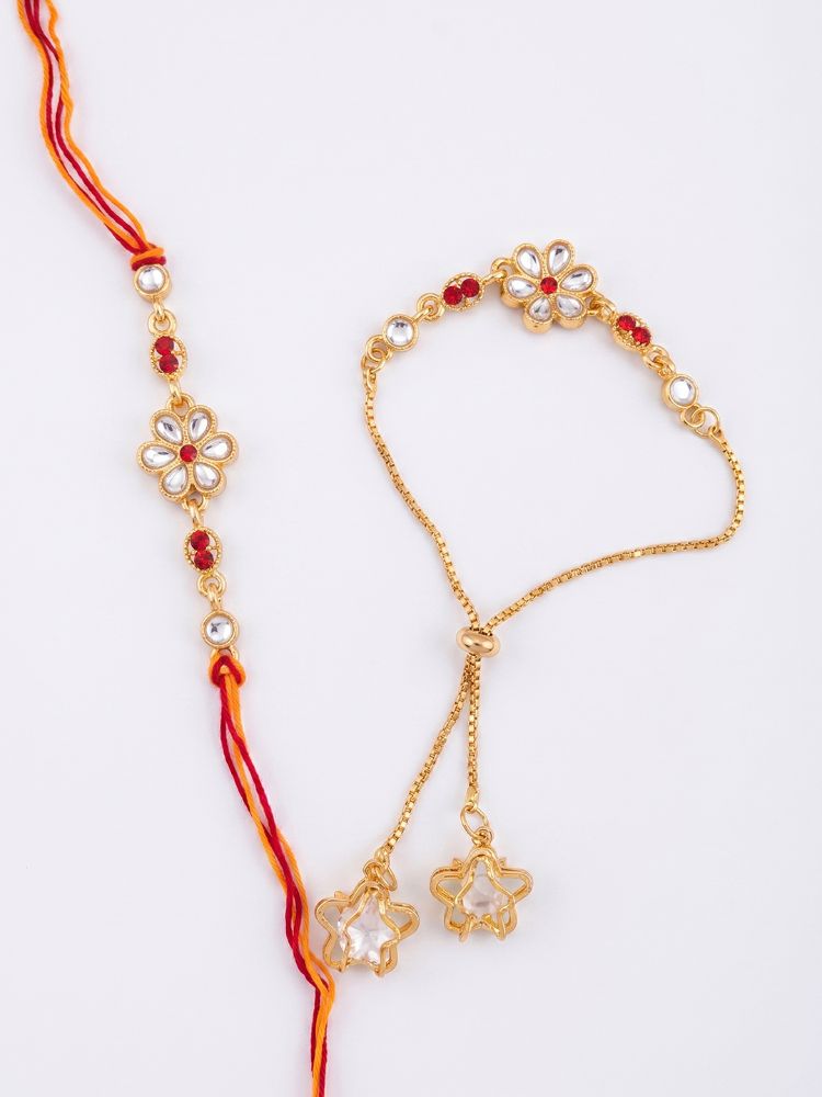 NVR Set of 2 Gold Toned Kundan Studded Bhaiya Bhabhi Rakhi with Roli Chawal Chandan Mishri | Grocsy