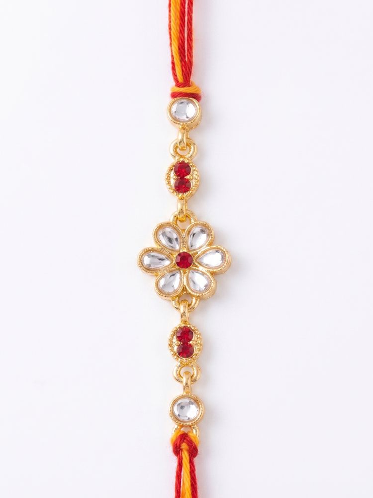 NVR Set of 2 Gold Toned Kundan Studded Bhaiya Bhabhi Rakhi with Roli Chawal Chandan Mishri | Grocsy