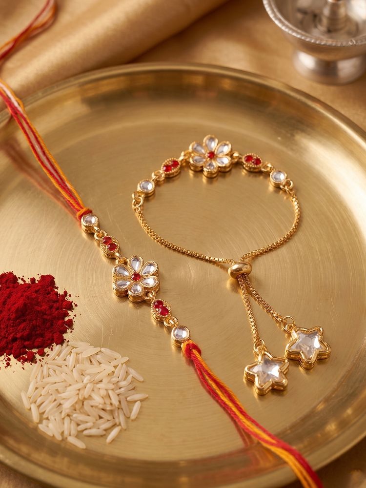 NVR Set of 2 Gold Toned Kundan Studded Bhaiya Bhabhi Rakhi with Roli Chawal Chandan Mishri | Grocsy