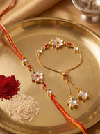 NVR Set of 2 Gold Toned Kundan Studded Bhaiya Bhabhi Rakhi with Roli Chawal Chandan Mishri | Grocsy