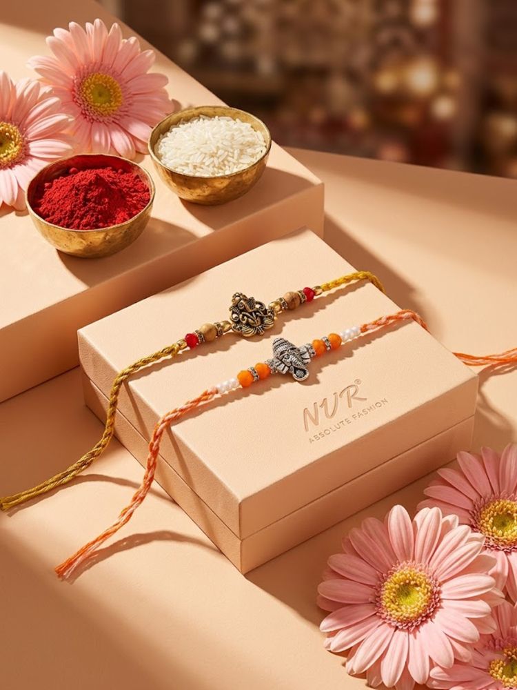 NVR Set of 2 Multicolor Religious Thread Rakhi with Roli Chawal Chandan Mishri | Grocsy