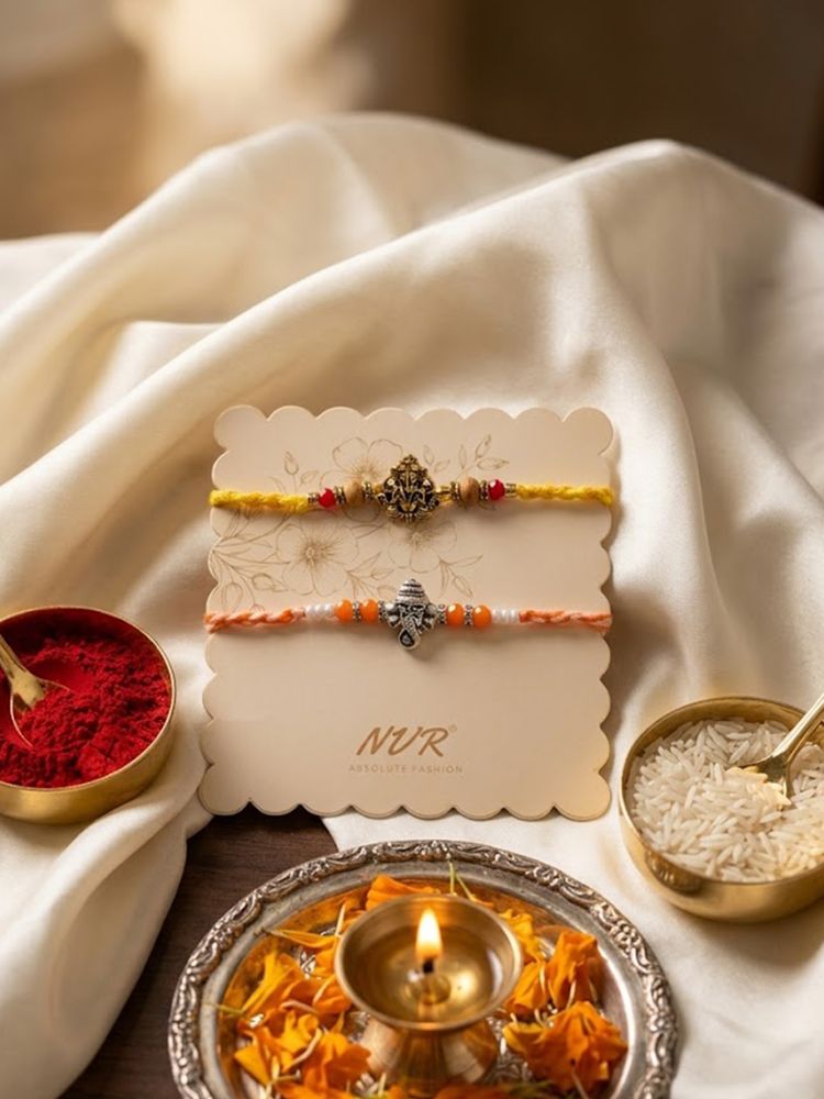 NVR Set of 2 Multicolor Religious Thread Rakhi with Roli Chawal Chandan Mishri | Grocsy
