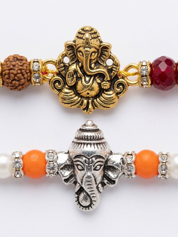 NVR Set of 2 Multicolor Religious Thread Rakhi with Roli Chawal Chandan Mishri | Grocsy
