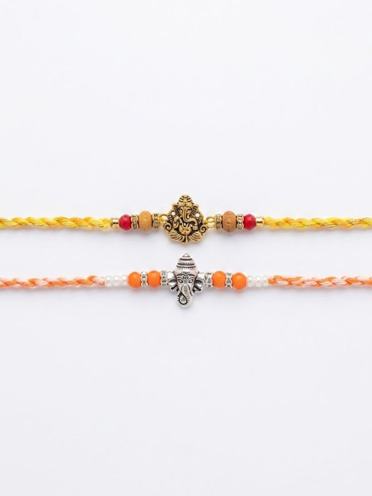 NVR Set of 2 Multicolor Religious Thread Rakhi with Roli Chawal Chandan Mishri | Grocsy